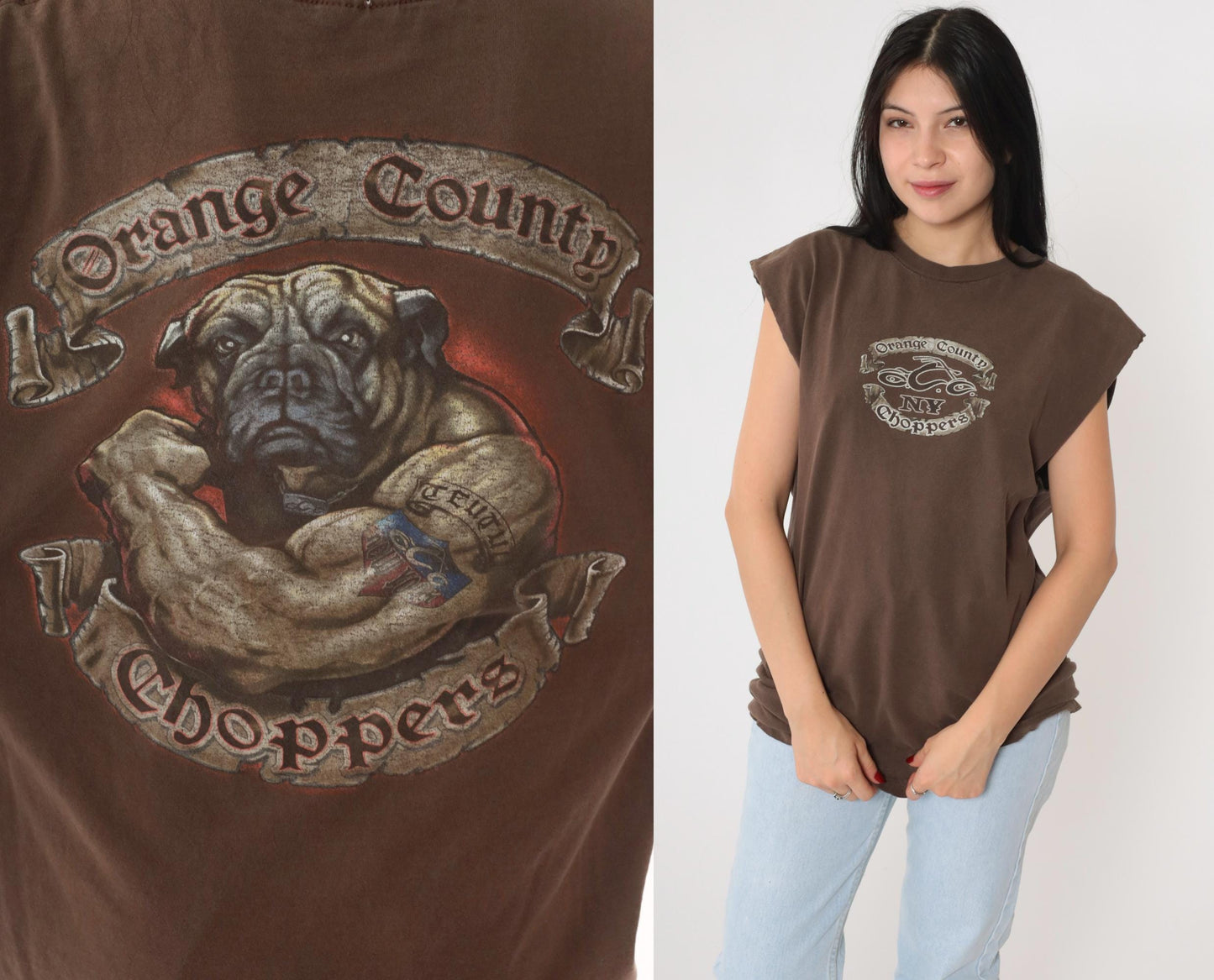 Y2K Orange County Choppers Bulldog Graphic Tank Top Brown Cotton Medium