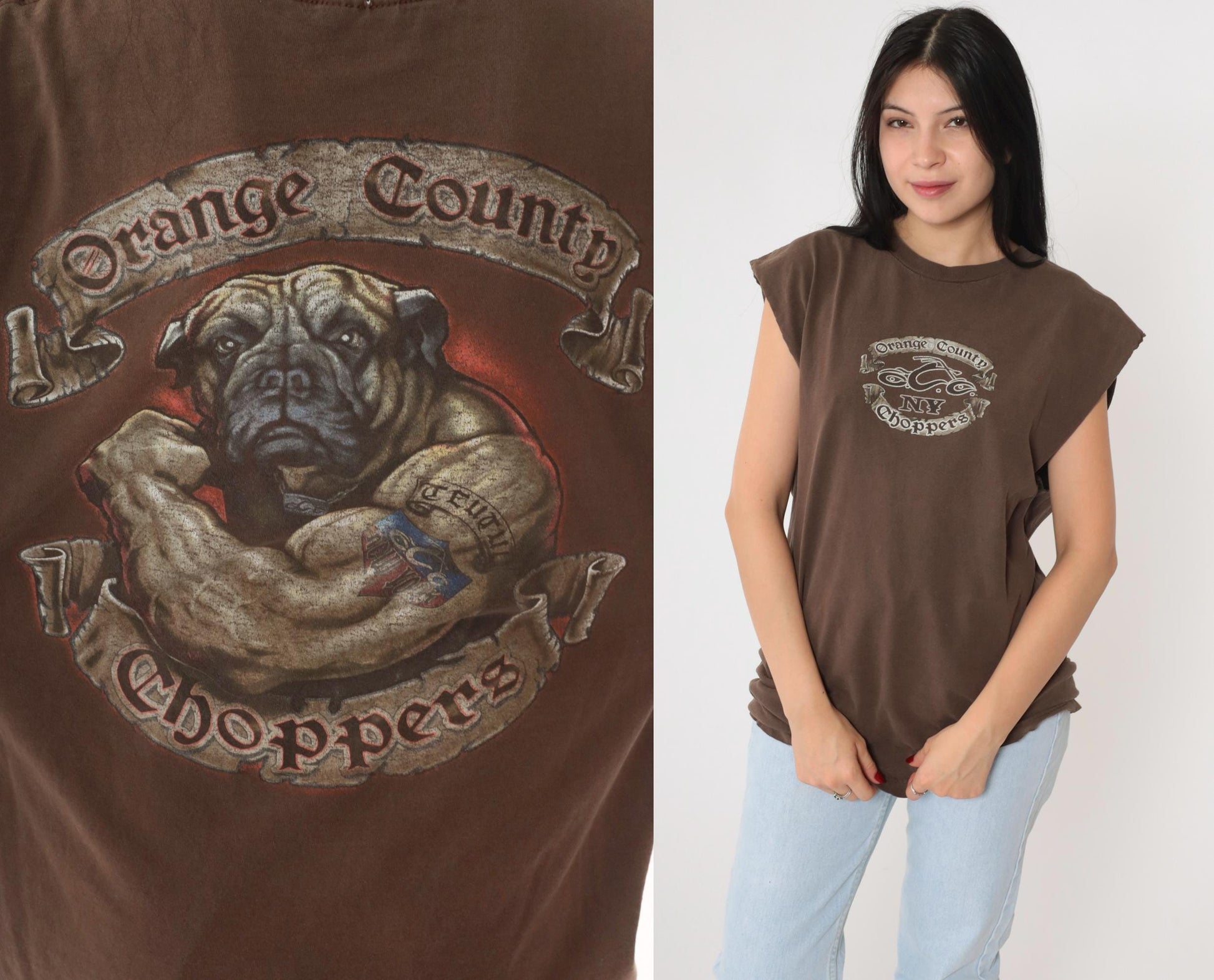 Y2K Orange County Choppers Bulldog Graphic Tank Top Brown Cotton Medium