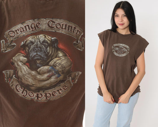 Y2K Orange County Choppers Bulldog Graphic Tank Top Brown Cotton Medium