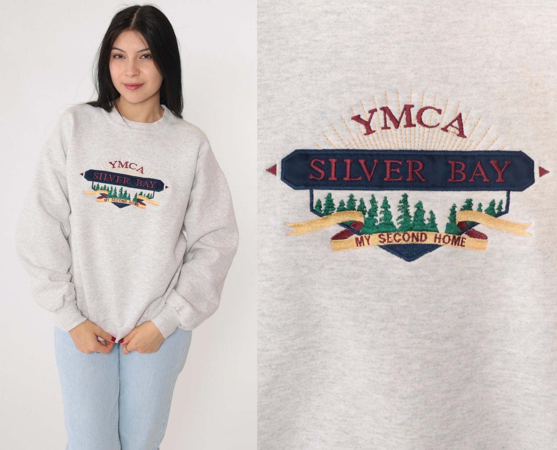90s YMCA Silver Bay Lake George Embroidered Sweatshirt Heather Grey Large