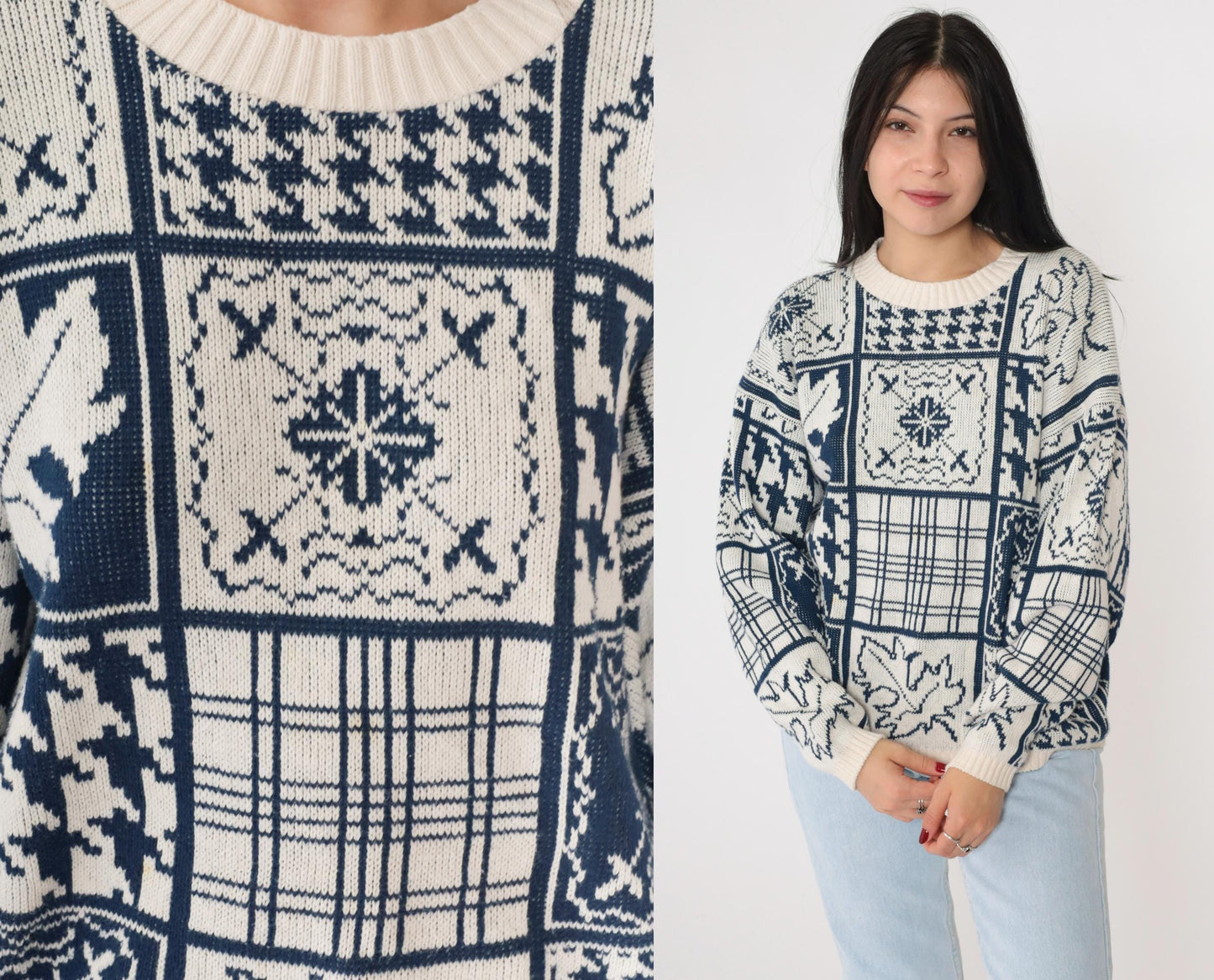 90s Cabin Creek Patchwork Knit Sweater Houndstooth Checkered Crewneck Medium