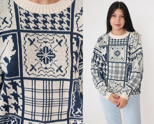 90s Cabin Creek Patchwork Knit Sweater Houndstooth Checkered Crewneck Medium