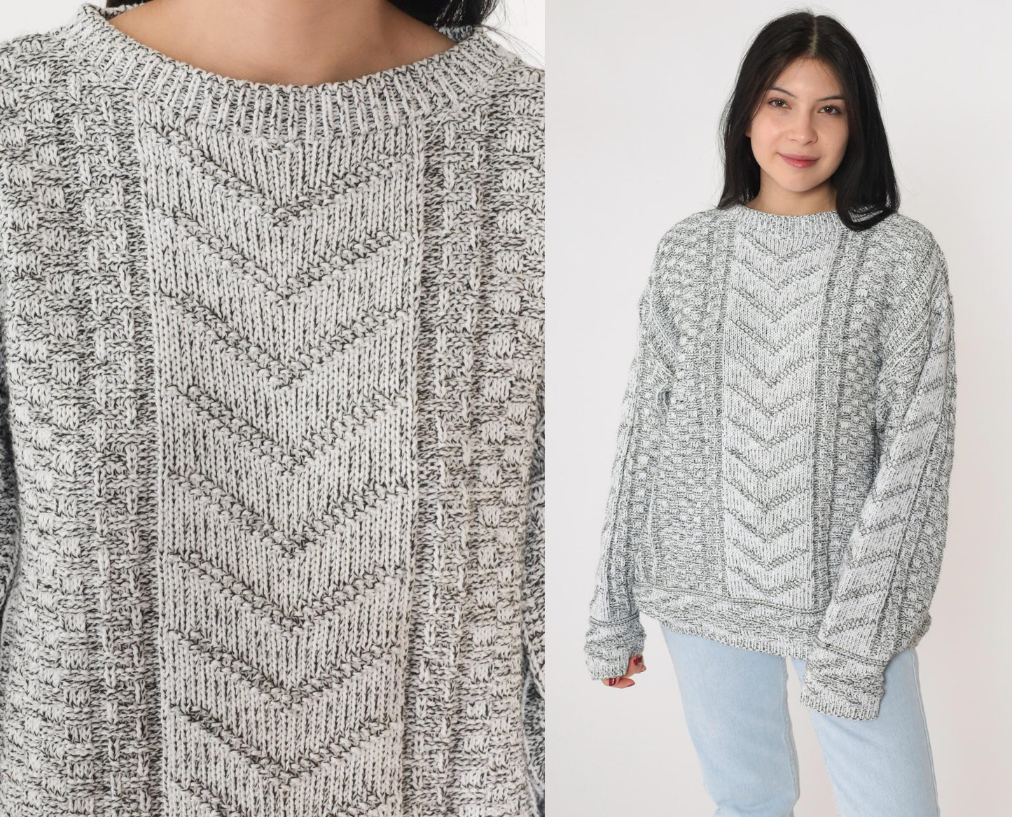 90s Grey Chevron Knit Pullover Sweater White Geometric Crewneck Small
