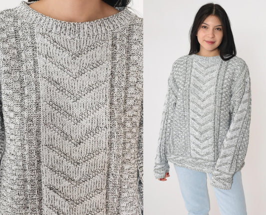 90s Grey Chevron Knit Pullover Sweater White Geometric Crewneck Small