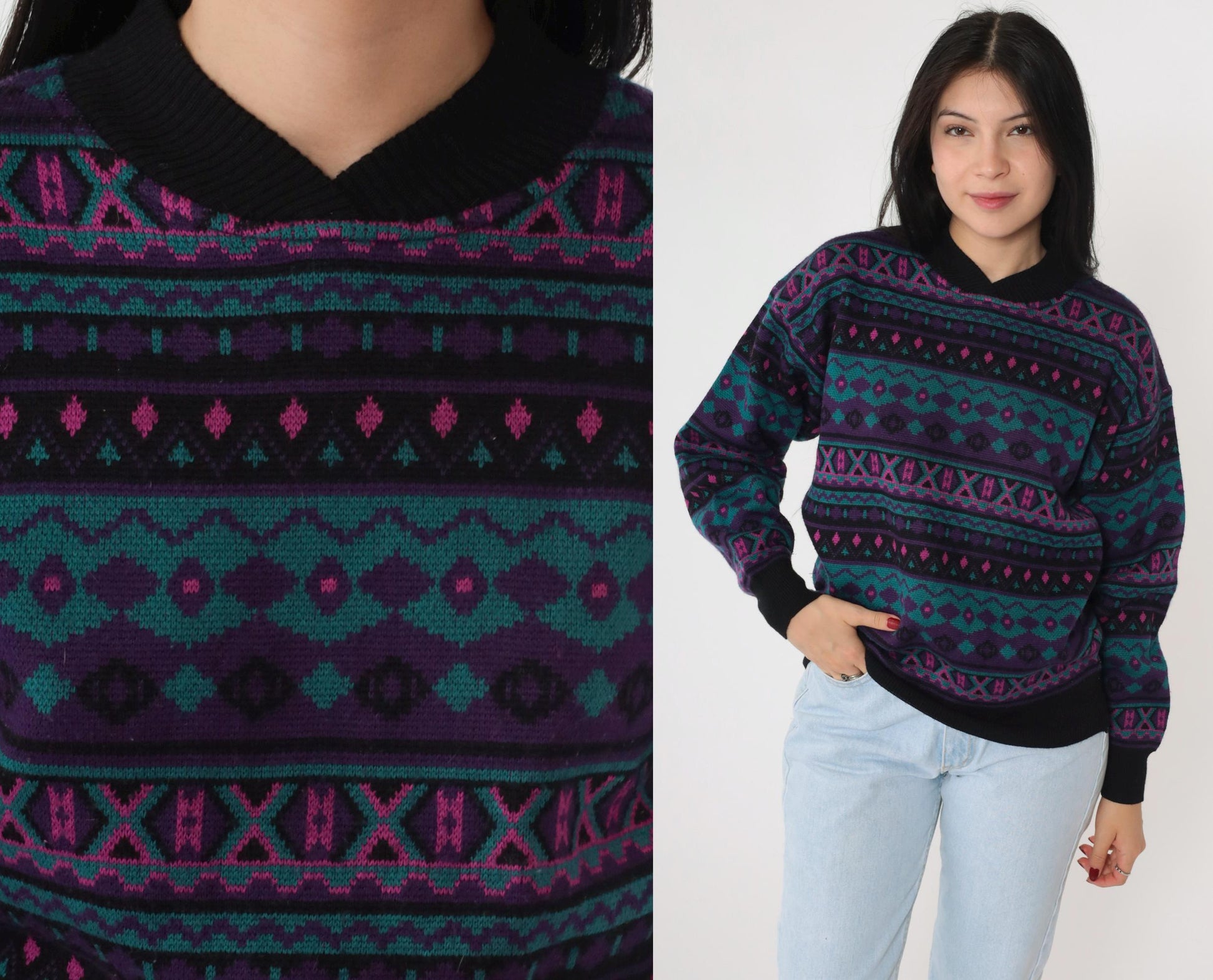 80s Southwestern Geometric Wool Blend Pullover Purple Teal Medium