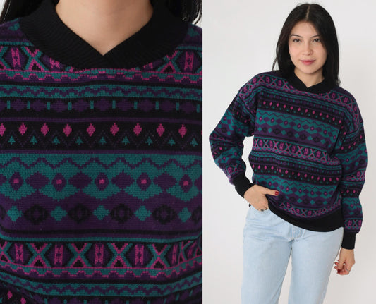 80s Southwestern Geometric Wool Blend Pullover Purple Teal Medium