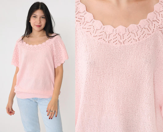 80s Adele Knitwear Baby Pink Pointelle Cutout Knit Top Medium Large