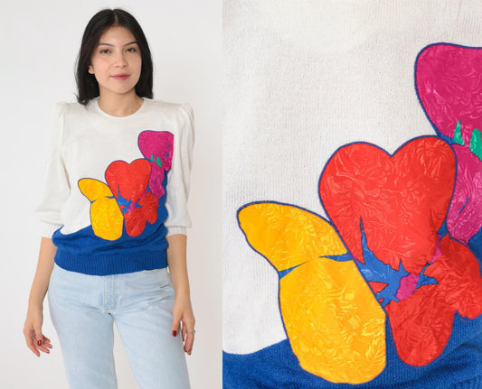 80s White Puff Sleeve Sweater Abstract Floral Embossed Knit Pullover Small