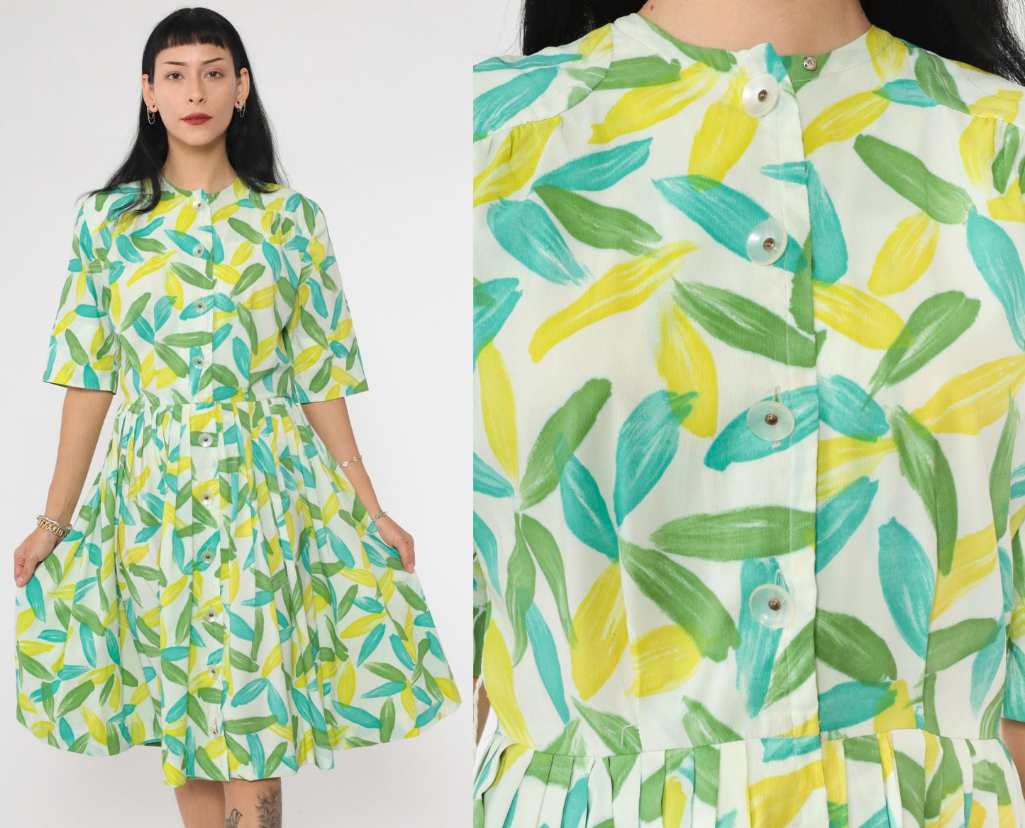 60s Westbury Fashions Shirt Dress Abstract Leaf Print Pleated Midi Blue Green Small