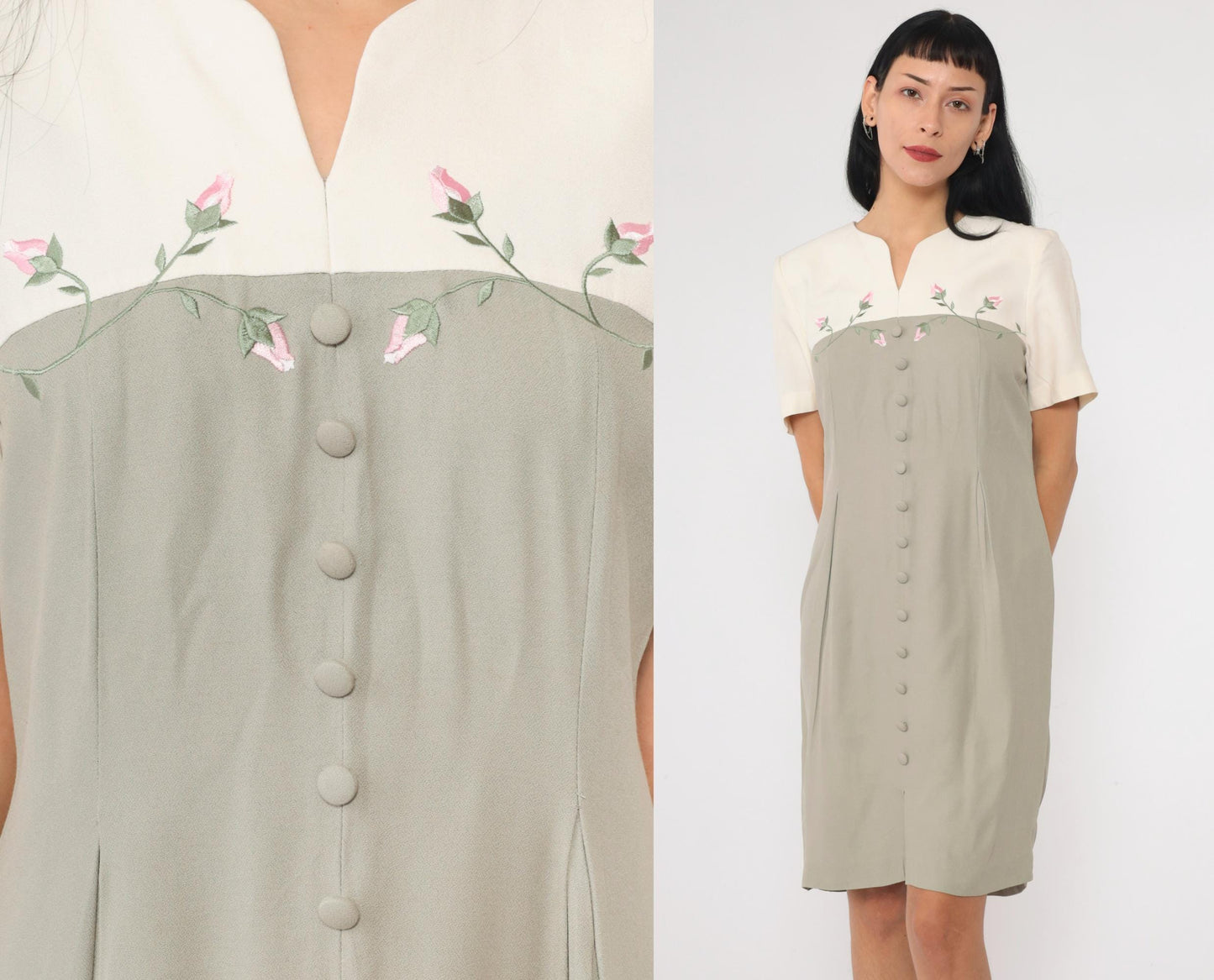 90s S.L. Fashion Petites Sage Floral Embroidered Mini Shirtdress Small