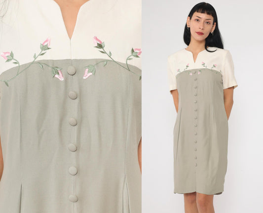 90s S.L. Fashion Petites Sage Floral Embroidered Mini Shirtdress Small