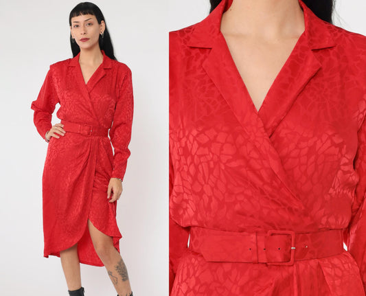 90s Liz Claiborne Red Silk Wrap Dress Embossed Mosaic V Neck Midi Extra Small XS