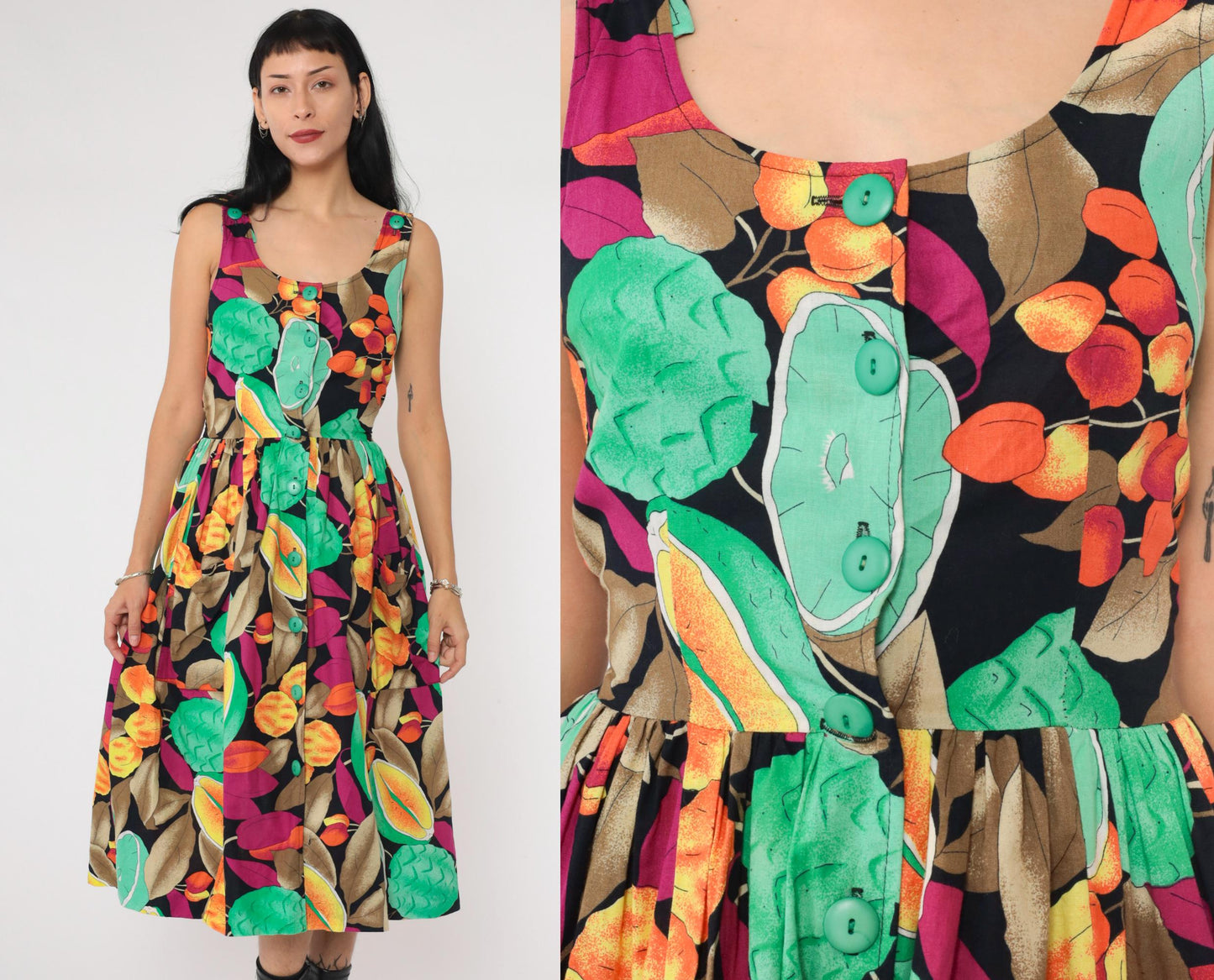 80s Alouette Tropical Fruit Midi Dress Black Button-Up Sleeveless Extra Small