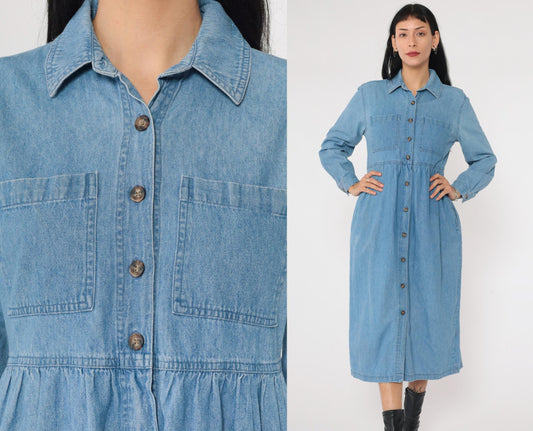 90s J.G. Hook Denim Midi Shirtdress Blue High-Waisted Button-Up Small Petite