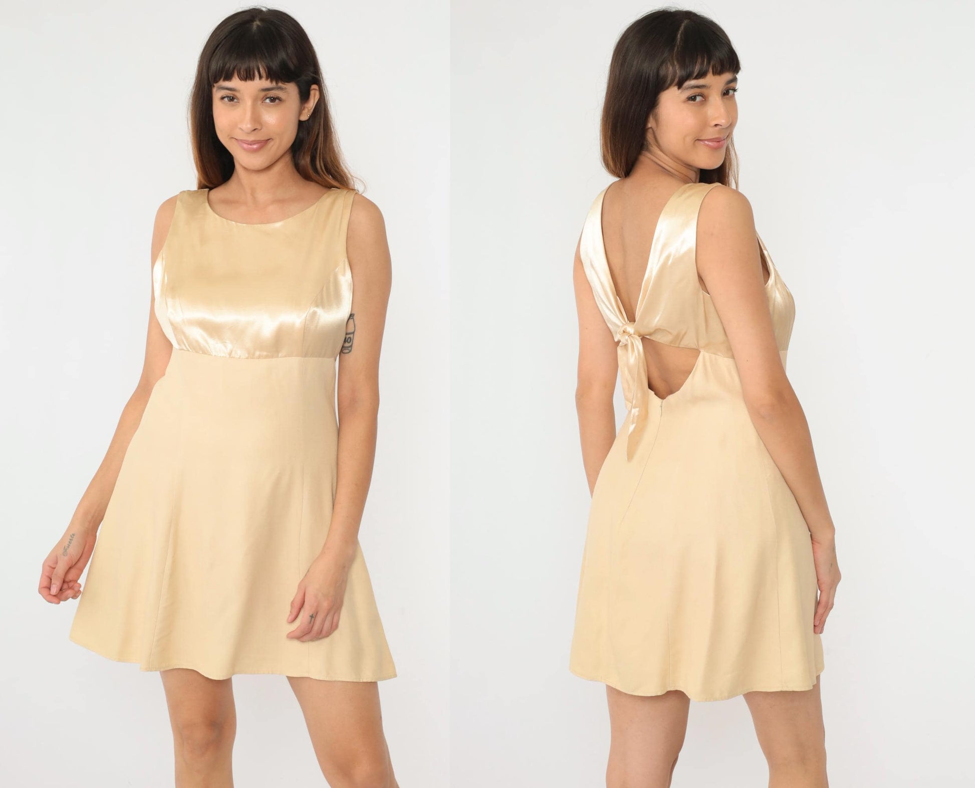 90s Champagne Satin Mini Dress Keyhole Back Bow Empire Waist Medium