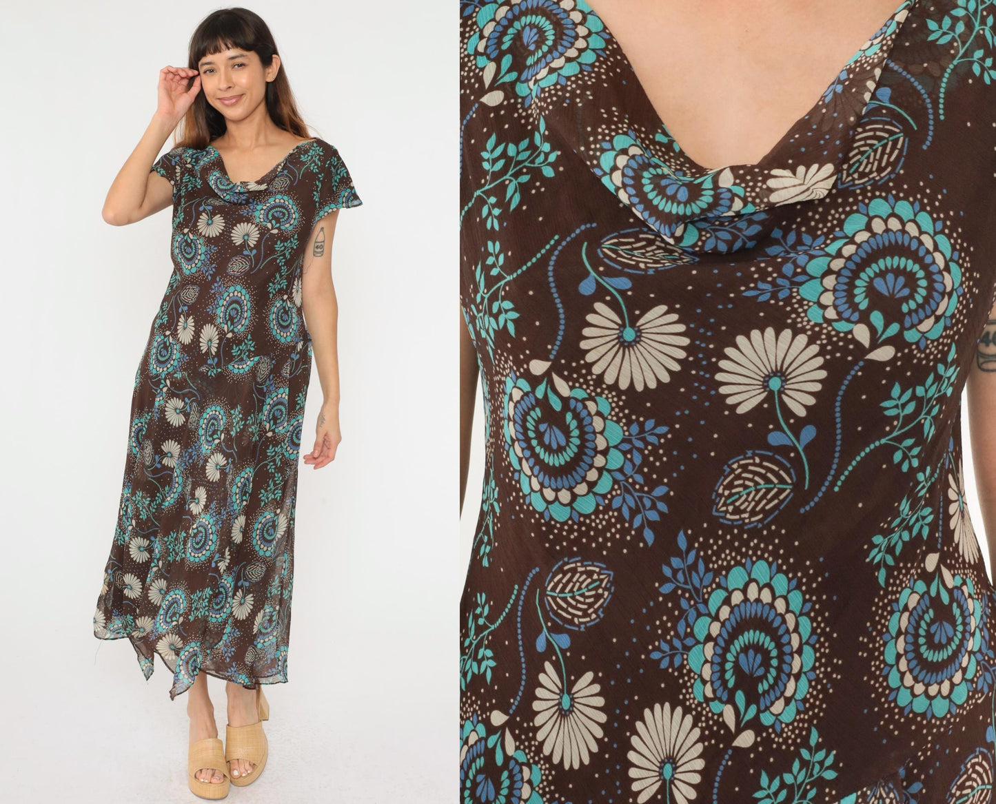 Y2K Brown Floral Midi Dress Asymmetrical Cowl Neck Flutter Sleeve Drop Waist Large 14