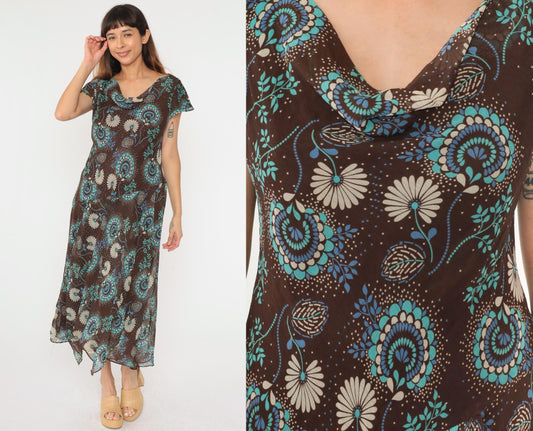 Y2K Brown Floral Midi Dress Asymmetrical Cowl Neck Flutter Sleeve Drop Waist Large 14