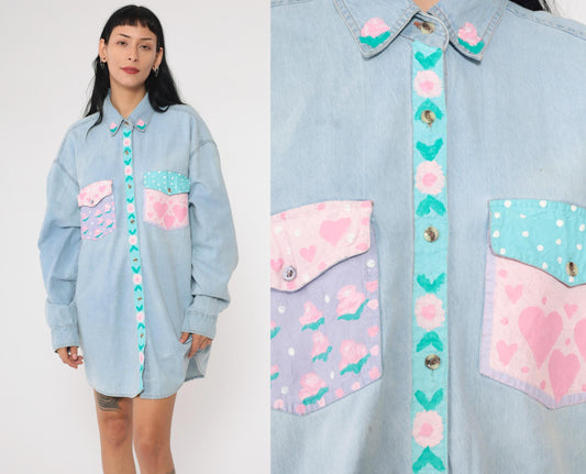 90s Hand Painted Floral Denim Button Up Shirt Blue Plus Size XXL