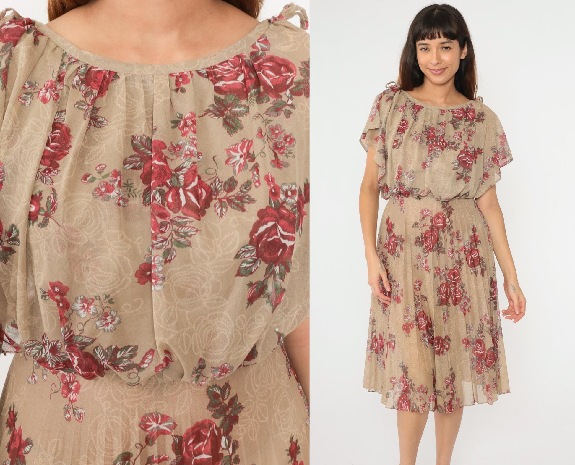 70s Floral Midi Dress Taupe Rose Print High Waist Blouson Flutter Sleeve Small