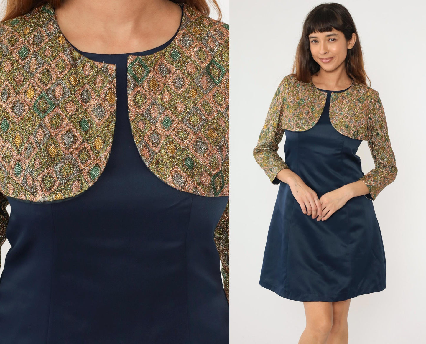 70s Metallic Geometric Bolero Jacket Dress Navy Gold Sheath Small