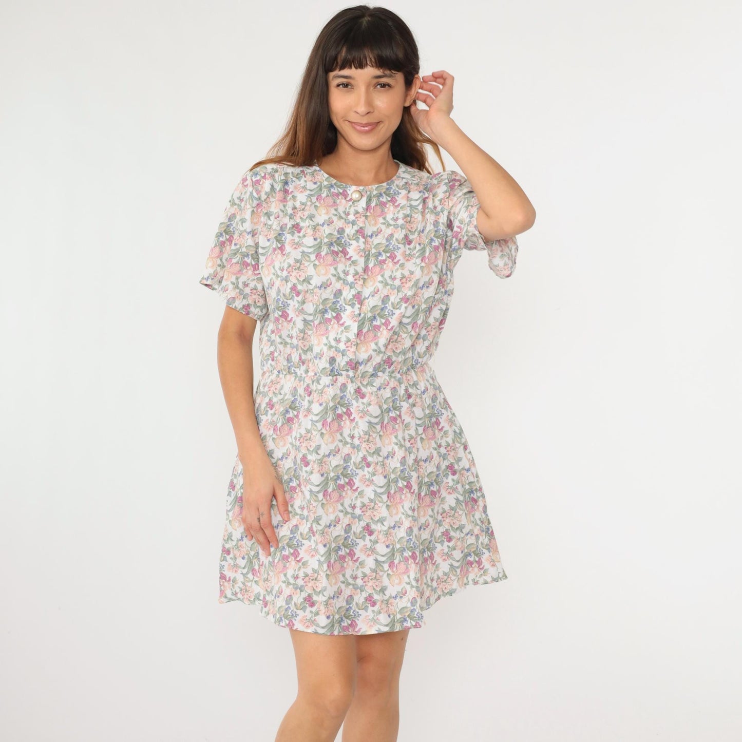 90s White Floral Print Button-Up Shirtdress Elastic Waist Mini Medium Large