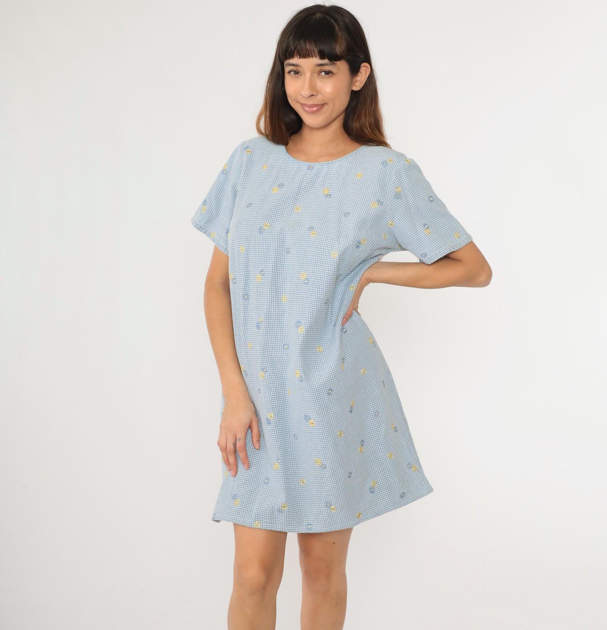 90s Blue Gingham Floral Embroidered Mini Shift Dress Cotton Large