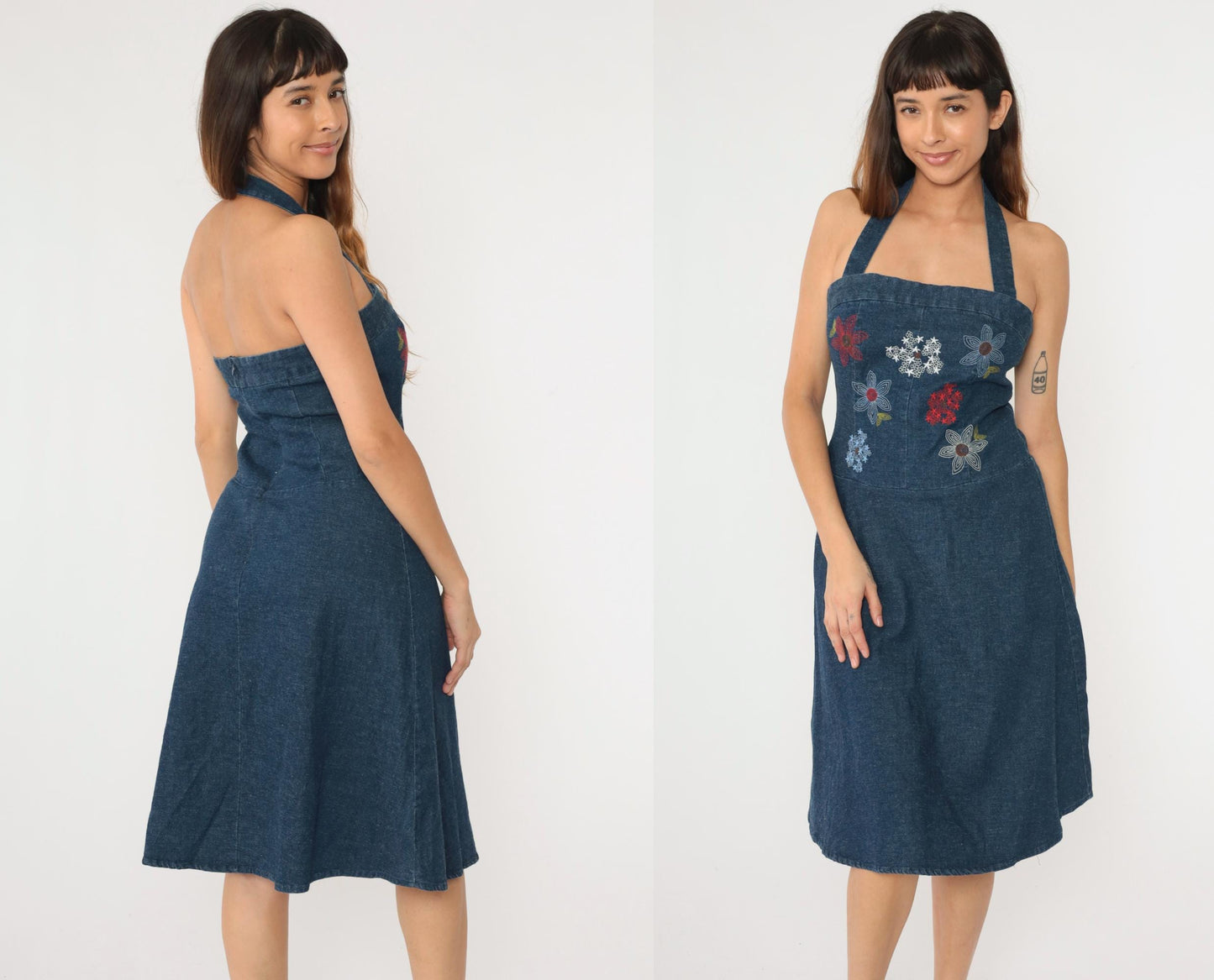 Y2K Denim Midi Dress Floral Embroidered Halter Neck Backless Small