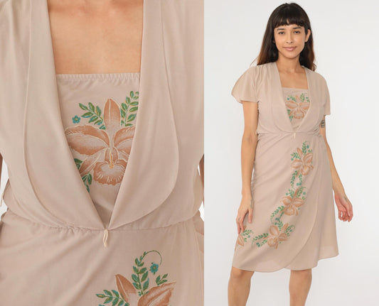 70s Floral Midi Dress Taupe Orchid High Waist Attached Jacket Small