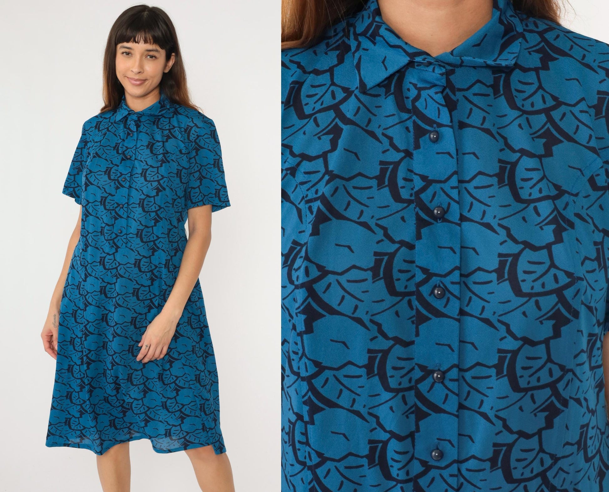80s Abstract Floral Midi Shirtdress Button-Up Short Sleeve Black Blue Medium Large