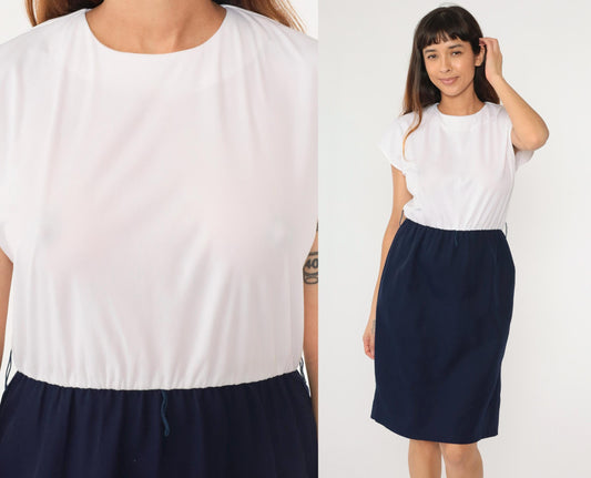 70s Color Block Midi Dress White Navy Cap Sleeve High Waist Medium Petite