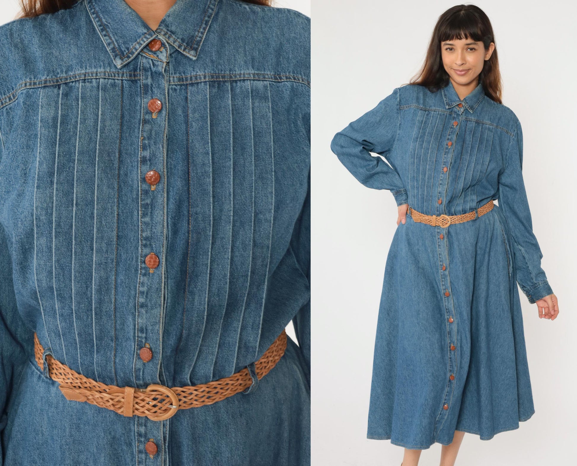 90s Nina Piccalino Denim Midi Shirtdress Blue High Waist Pleated Large 14