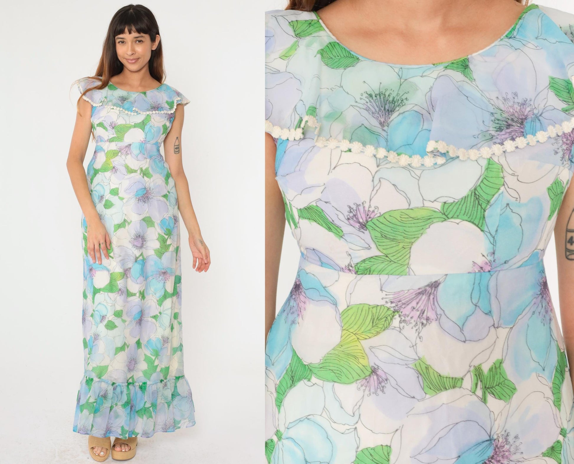 70s Floral Chiffon Maxi Dress Blue Green Ruffle Hem Open Back Small