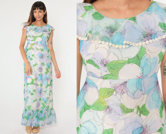70s Floral Chiffon Maxi Dress Blue Green Ruffle Hem Open Back Small