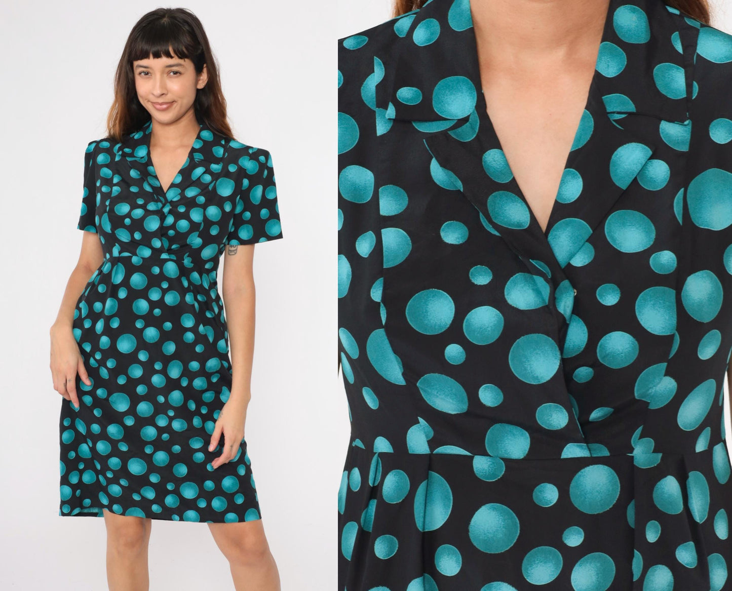 90s Black Teal Polka Dot Midi Dress Puff Sleeve High Waist Medium