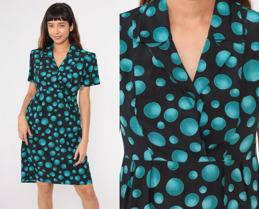 90s Black Teal Polka Dot Midi Dress Puff Sleeve High Waist Medium