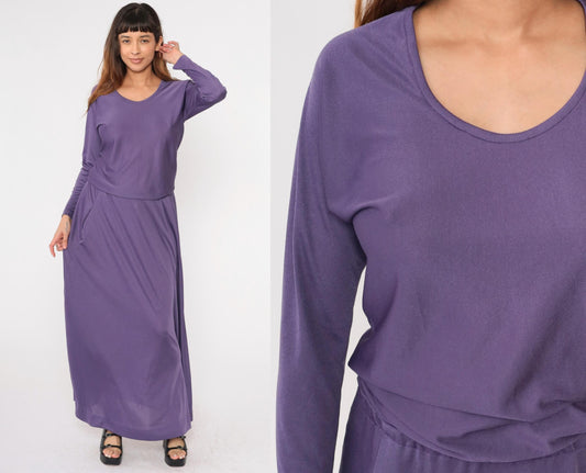 1970s Purple Maxi Dress Blouson High Waist Scoop Neck Long Sleeve Medium
