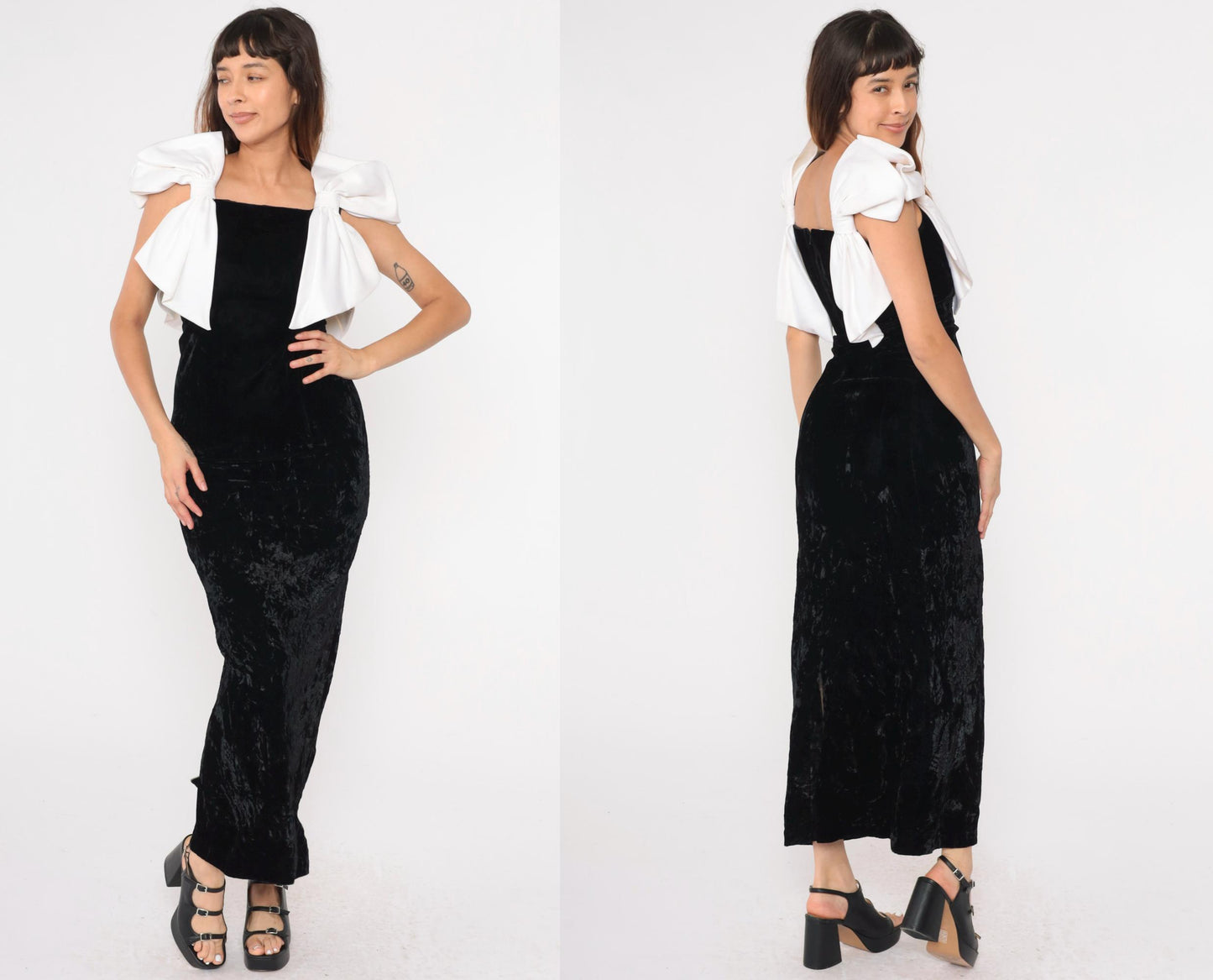 80s Black Velvet Maxi Dress White Bow Sleeveless Sheath Extra Small