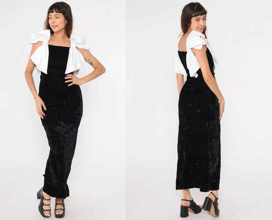 80s Black Velvet Maxi Dress White Bow Sleeveless Sheath Extra Small