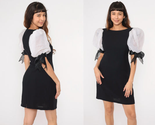 80s Black Organza Puff Sleeve Mini Dress with Bow Cuffs Small