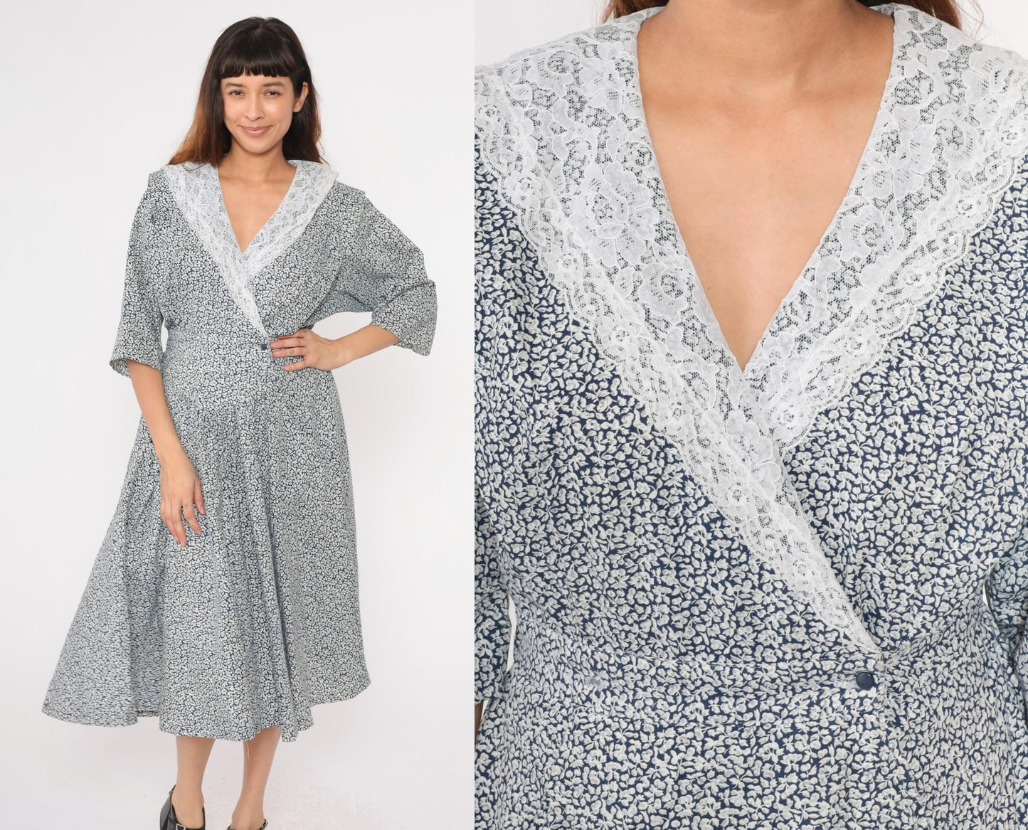 80s Blue Floral Midi Dress White Lace Collar Faux Wrap 3/4 Sleeve Medium