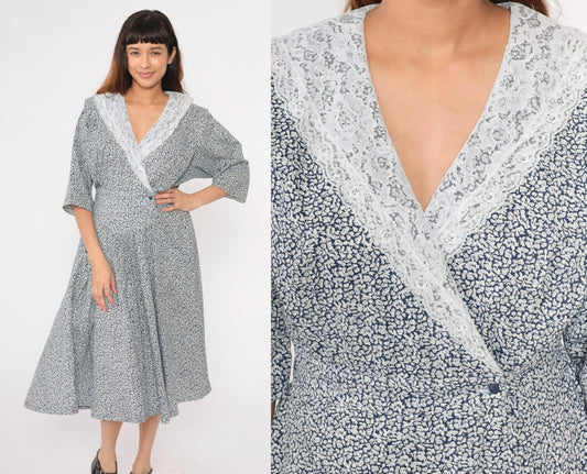 80s Blue Floral Midi Dress White Lace Collar Faux Wrap 3/4 Sleeve Medium