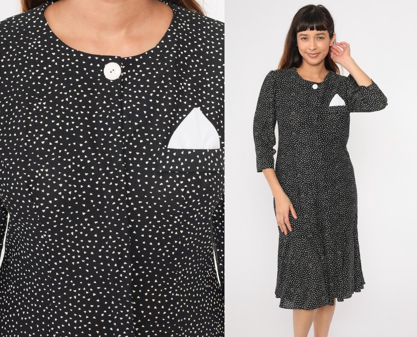 80s Black White Polka Dot Midi Dress Puff Sleeve Shift Ruffle Hem Medium