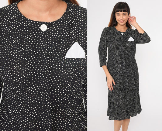 80s Black White Polka Dot Midi Dress Puff Sleeve Shift Ruffle Hem Medium