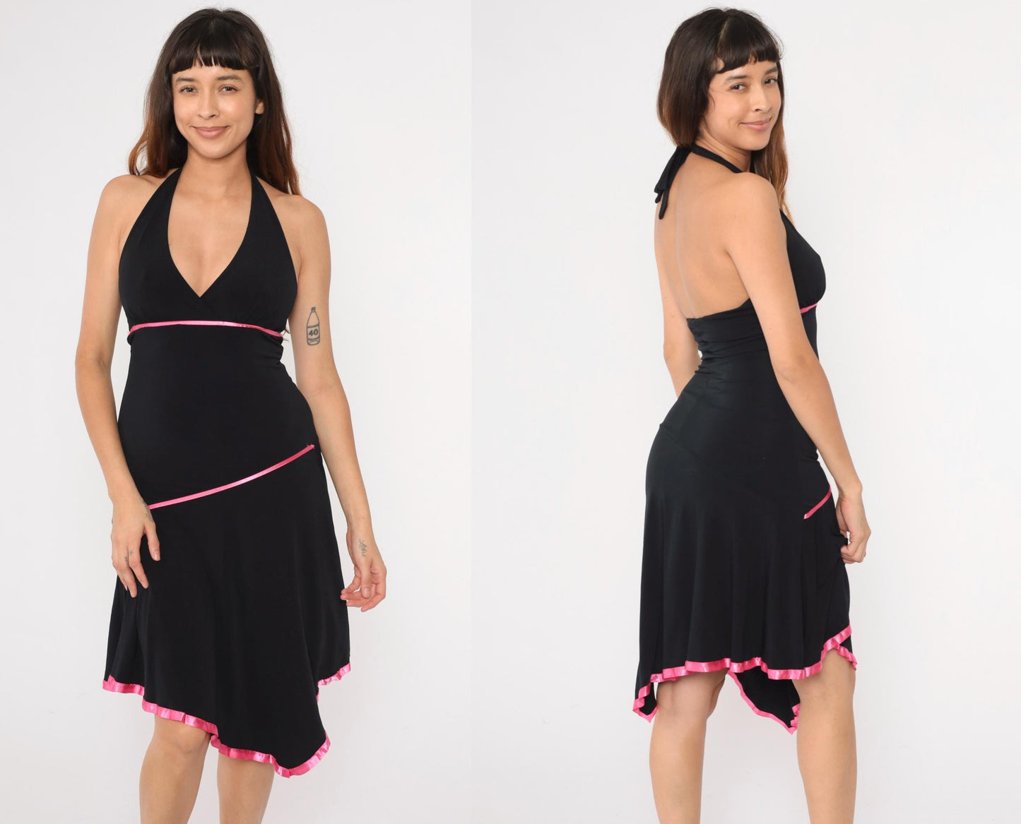 Y2K Black Halter Midi Dress Asymmetrical Hanky Hem Pink Trim Small Medium