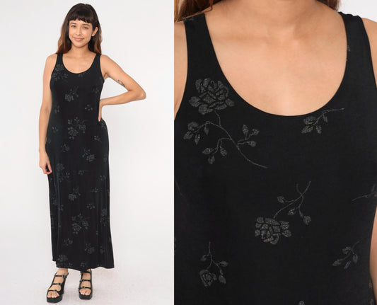 90s John Paul Richard Black Floral Glitter Maxi Dress Sleeveless Large L
