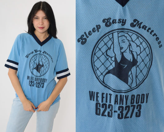 80s Sleep Easy Mattress Baseball Jersey Blue Mesh Raglan Ringer Tee Medium