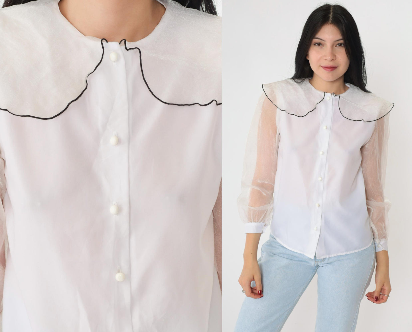 80s White Organza Puff Sleeve Blouse Peter Pan Collar Button Up Small