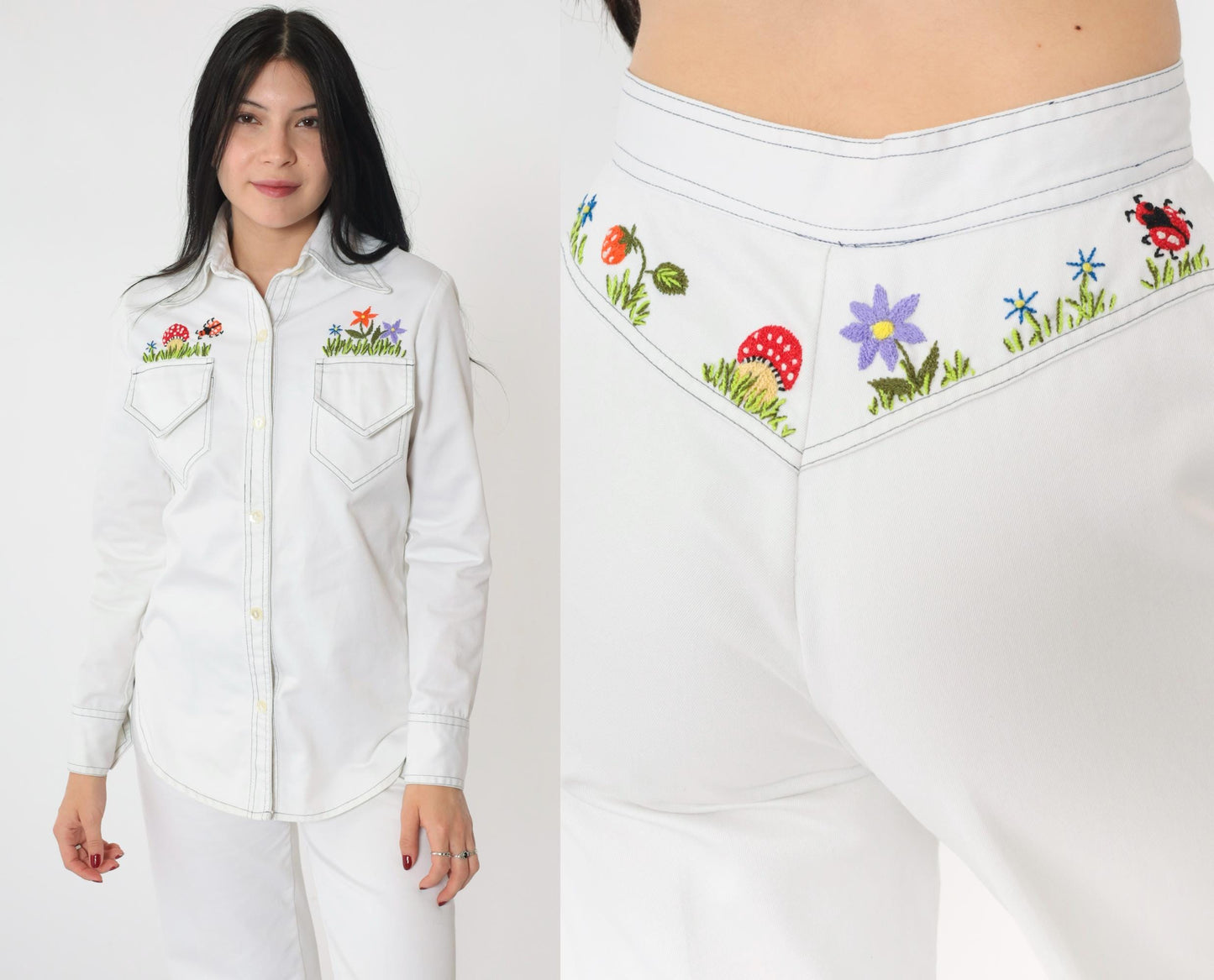 70s Andi Luv Embroidered Mushroom Two Piece Set White Cotton Blouse Pants Small
