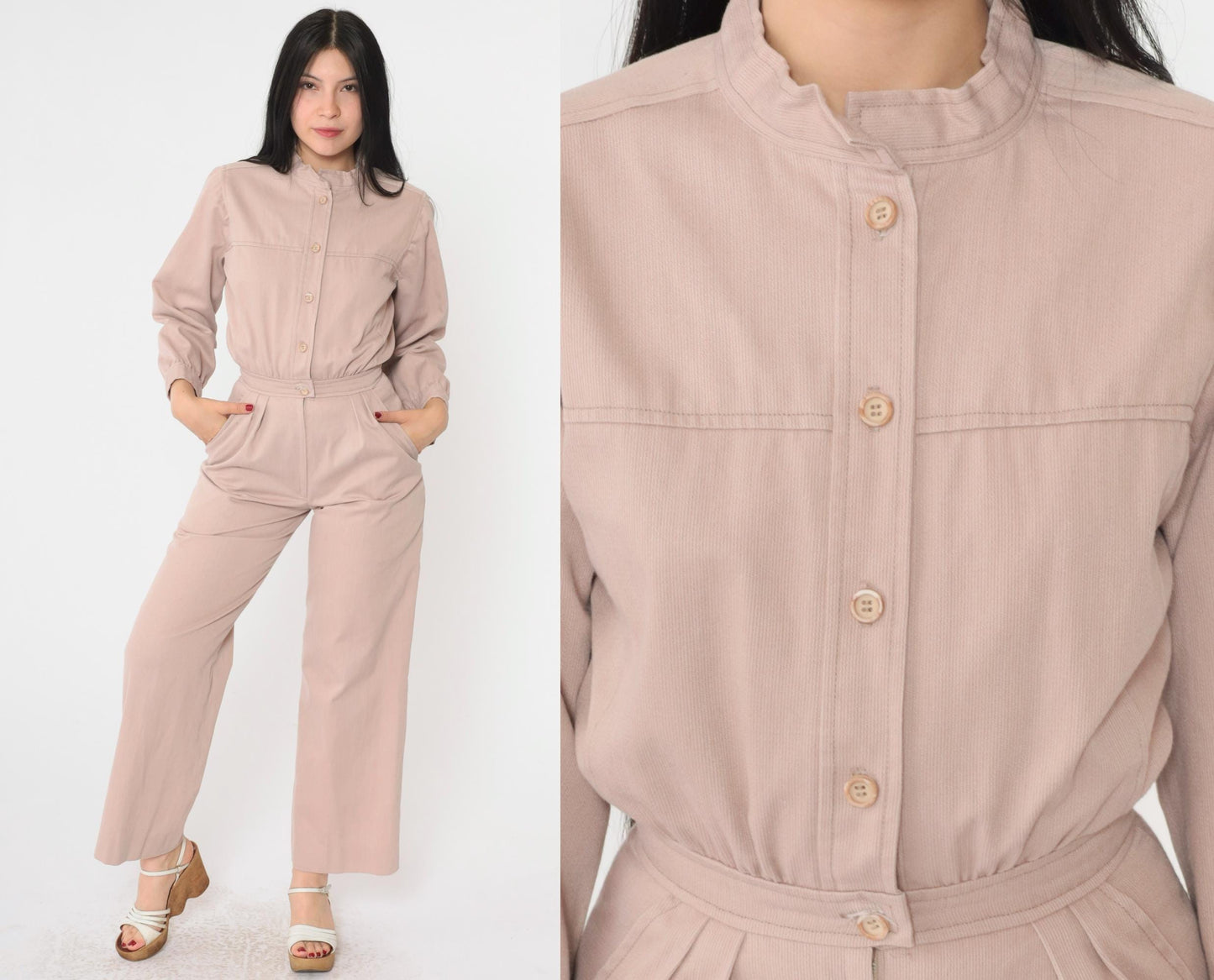 80s Warm Taupe Utility Jumpsuit Wide Leg Pleated Button Front Extra Small