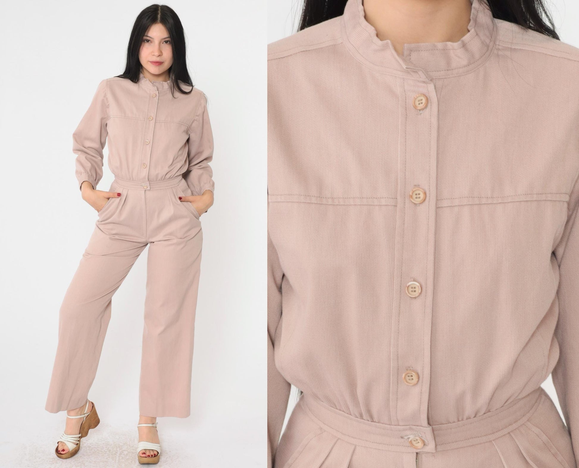 80s Warm Taupe Utility Jumpsuit Wide Leg Pleated Button Front Extra Small